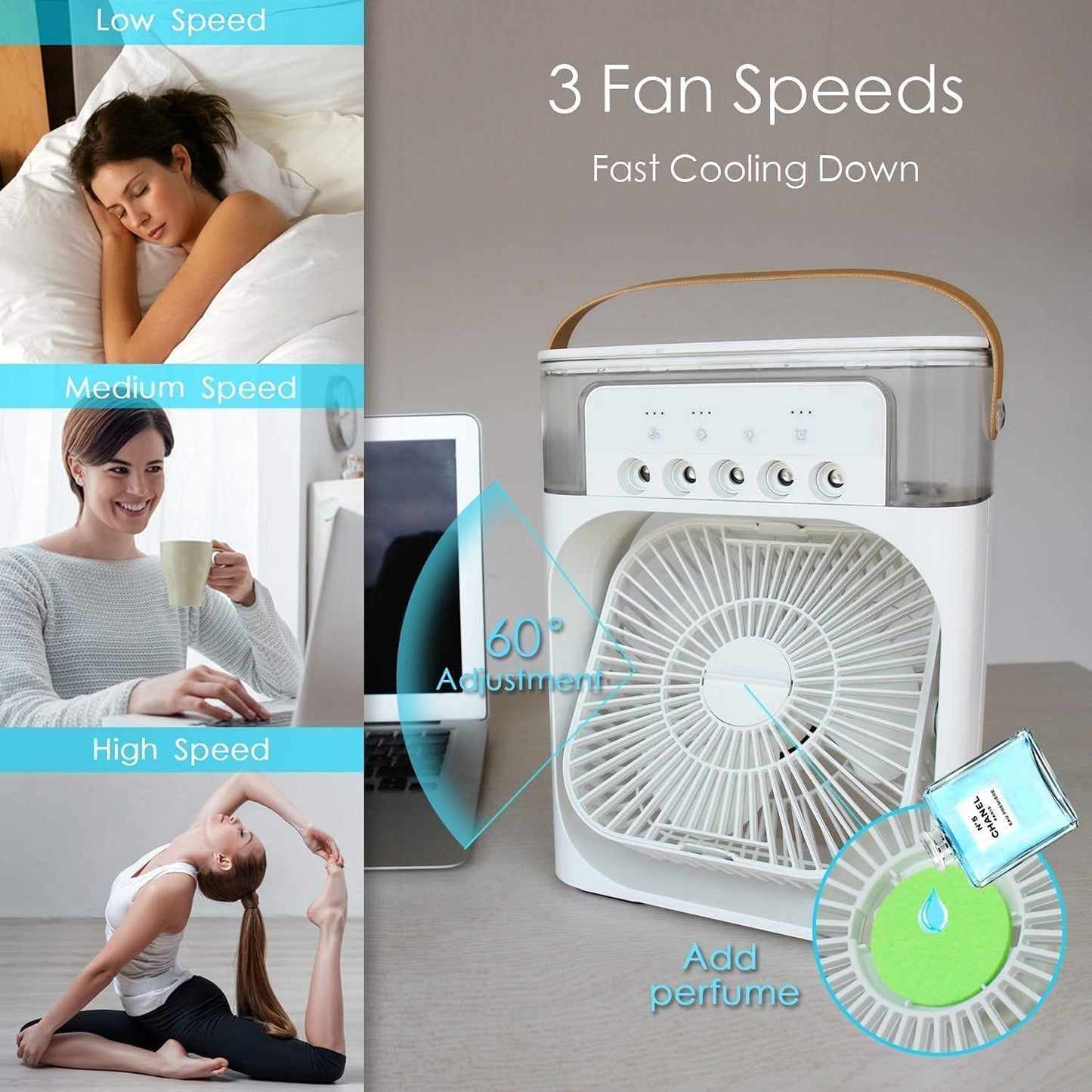 Portable Fan Cooling Mini Air Conditioner Water Air Cooler 500 ML | USB Powered Mini Desktop Cooling Misting Fan, 1 | 2 | 3 Timer 3 Smart Speeds