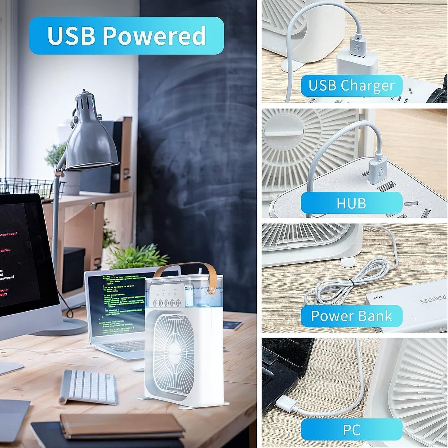 Portable Fan Cooling Mini Air Conditioner Water Air Cooler 500 ML | USB Powered Mini Desktop Cooling Misting Fan, 1 | 2 | 3 Timer 3 Smart Speeds